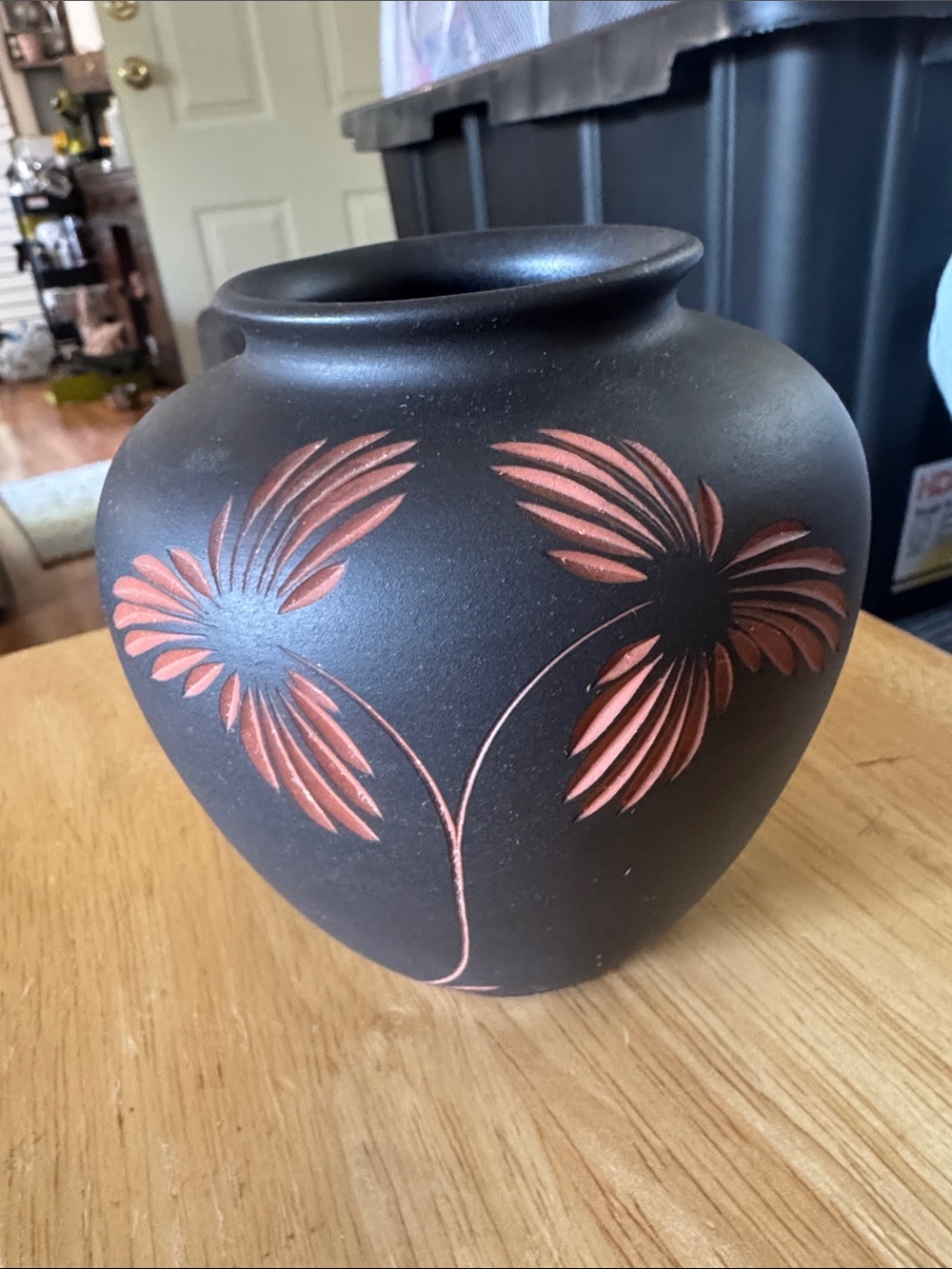 Black Ceramic Vase with Terracotta Floral Carved Detail
